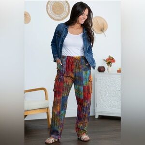 Greater Good Tie Dye Patchwork Paw Prints Cargo Pants Size XL Hippie Boho Artsy